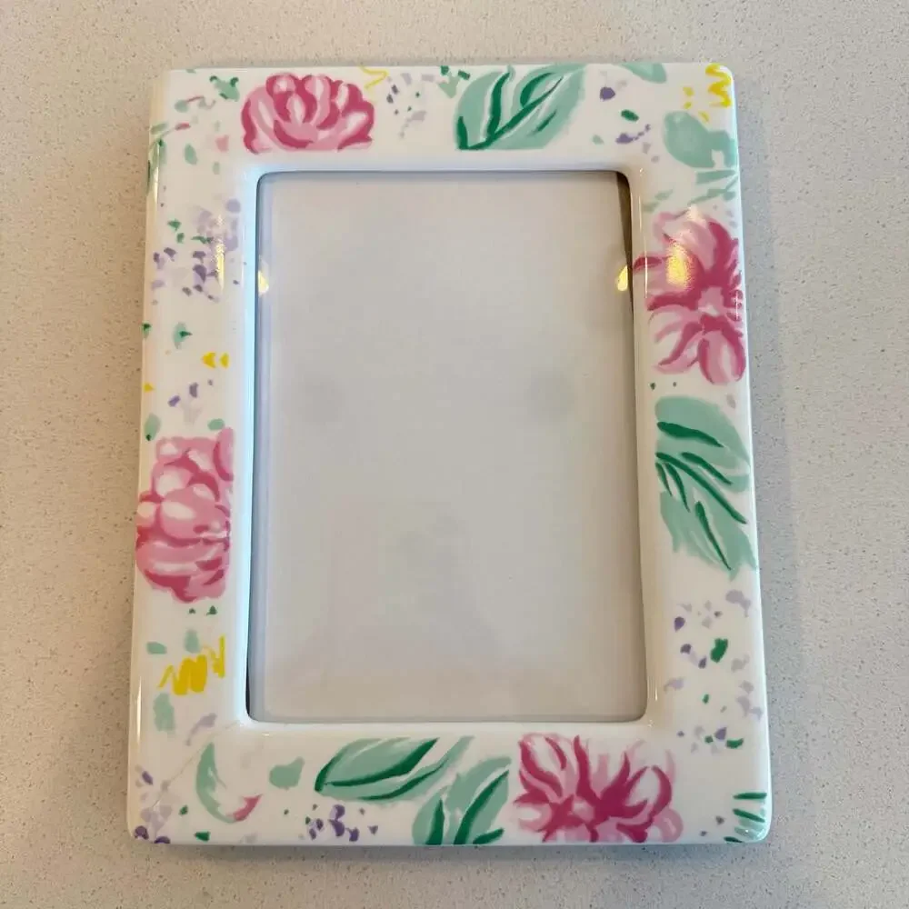 Vintage Cottagecore White Porcelain Frame with Hand Painted  Flowers - 5x7